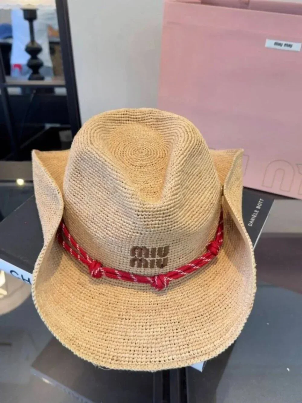Miu Miu Straw Wide Brim Sun Hat with Red Rope Logo Detail